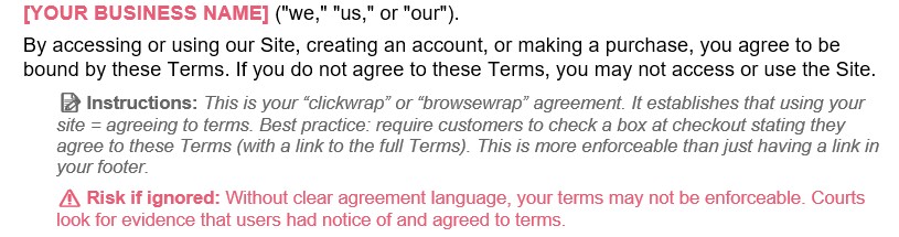 Example of template instructions and risk warnings